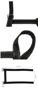 Dettaglio cinghia da golf, cinturino in nylon nero con fibbia metallica e cuciture riflettenti.