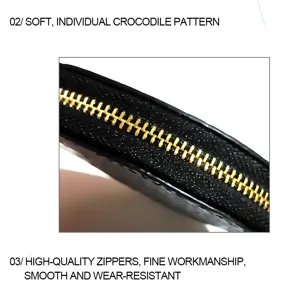 Leather coin purse detail view showcasing smooth gold zipper and soft crocodile pattern design
