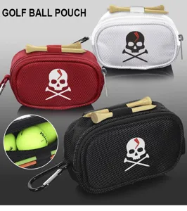Portable golf ball pouch waist bag with tee holders and stylish skull design for sports.