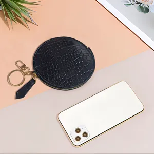 Multifunctional PU Leather Coin Purse Round Crocodile Pattern Mini Key Chain Earphone Card Wallet For Unisex Everyday Bags