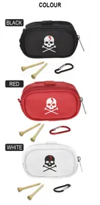 Golf ball pouch set with tee and carabiner in black, red, and white color options.