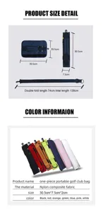 Portable nylon golf club bag with multiple color options and clear dimensions for training.