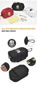 Golf ball pouch detail view showing durable fabric, secure zipper and convenient tee holders.