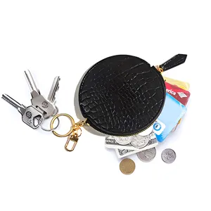 Black round crocodile pattern leather coin purse with key ring, mini card wallet for daily.