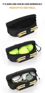 Portable black nylon golf ball storage pouch with tee holders and carabiner clip.