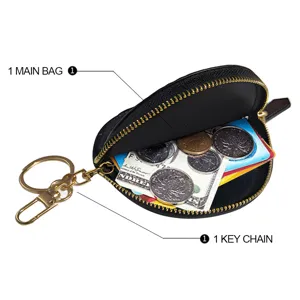 Round leather coin purse with key chain, black crocodile pattern mini card holder wallet.