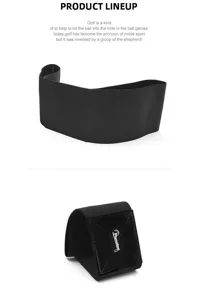 Golf swing training aid detail view, black elastic posture corrector band for arm positioning.