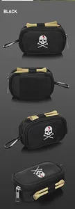 Black golf ball pouch with skull embroidery and tees, portable waist bag accessory.