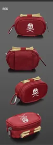Red golf accessory pouch detail, featuring durable red fabric, zipper, and secure tee holder.