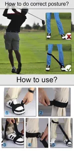 Golf posture correction strap detail showing step-by-step usage guide and correct training form.
