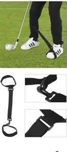 Golf training correction strap detail showing adjustable black fabric band and secure plastic buckles.