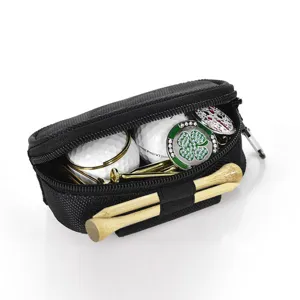Black golf accessory bag set with balls, tees, and magnetic hat clips for sports.