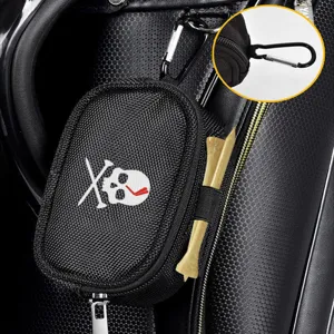 Black nylon golf ball pouch with skull embroidery and tees, portable sports accessory bag.