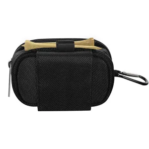 Portable black nylon golf ball pouch with tee holders and carabiner for outdoor sports.