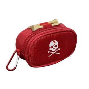 Red golf ball pouch with skull embroidery, wooden tees and carabiner clip for golf sports.