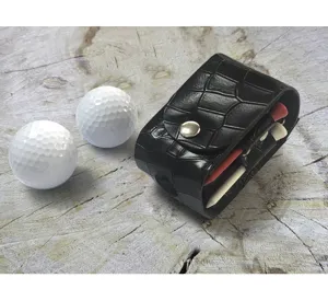 Black crocodile pattern leather golf ball pouch bag with golf tees and white balls detail