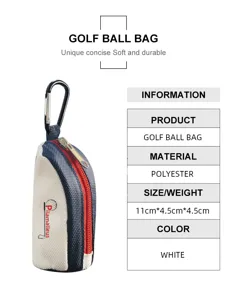 Tragbare Golfballtasche mit Karabinerhaken aus strapazierfähigem weißem Polyester.