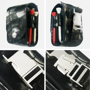 Luxury crocodile pattern leather golf ball pouch with tees and metallic H buckle design.
