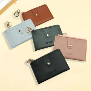 Einfarbige PU Leder Mini Kartenbörse im koreanischen Stil mit Reißverschluss und Ring.