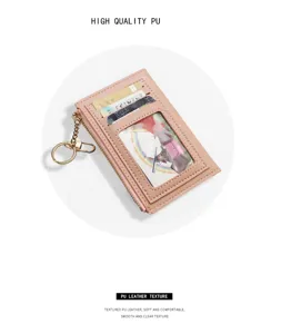 Minimalistisches rosa PU-Leder-Kartenetui mit Schlüsselanhänger und Reißverschlussfach.