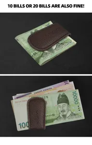 Clip para dinero de piel PU magnetica en marron, soporte seguro de billetes para uso diario.
