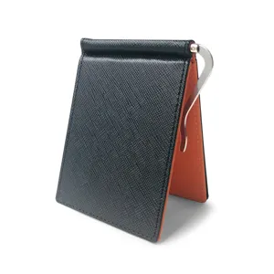 Minimalistisches PU-Leder Geldklammer Portemonnaie in Schwarz Orange mit Metallclip.