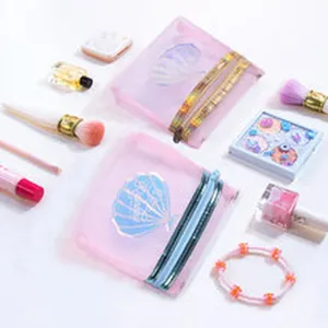 Pink mesh cosmetic bag holographic shell zipper coin purse cute travel makeup pouch set