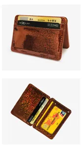 Detailed view of brown glitter PU card holder showing card slots and interior design.