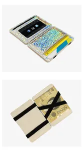 Detail view of laser sequin PU card holder, mini magic wallet with elastic band, chic design.