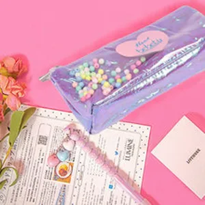 Holographic clear pencil case coin purse with colorful beads detail view cute pink aesthetic.