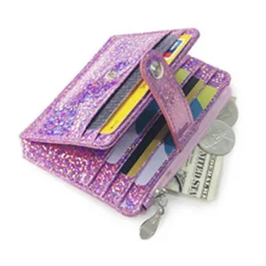 Pink glitter card holder wallet for women, compact zipper coin purse with snap closure.