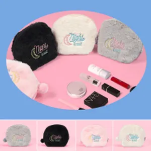 Fluffy plush coin purse with cute moon embroidery zipper wallet for women and girls daily use.