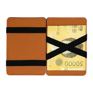 Brown PU leather magic wallet card holder with elastic bands and cash slot for men and women