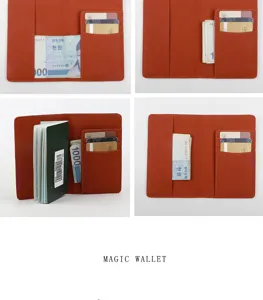 Vista dettagliata del portafoglio per passaporto da uomo in pelle PU arancione con fessure per carte.