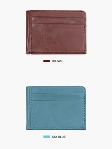 Schlanke Kartenetui Geldbörse Detailansicht, minimalistische PU Leder Tasche in braun und blau.