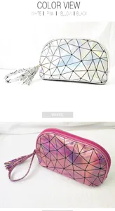 Laser geometrische PU Kosmetiktasche tragbare Make-up Tasche mit Quasten Reißverschluss.
