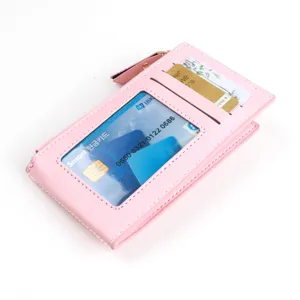 Minimalistische rosa PU Leder Kartenetui Geldbörse mit Reißverschluss und klarem Sichtfenster.