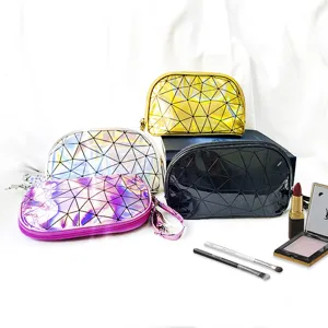 Tragbare Holografische Geometrische Rautenmuster Kosmetiktasche Für Damen Laser PU Leder Makeup Tasche Mit Quaste Reise Kulturbeutel Aufbewahrungsbeutel