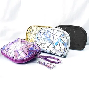 Tragbare Kosmetiktasche Laser geometrische Gitter PU Make-up Etui fur Damen Aufbewahrung