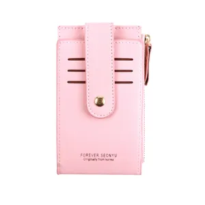 Elegantes rosa PU Leder Kartenetui für Damen mit mehreren Fächern und praktischem Reißverschluss.