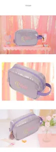 Violette Glitzer Kosmetiktasche, tragbare Reise Make-up Tasche mit Mond Stickerei Design.