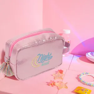 Rosa glitzernde Kosmetiktasche Reise tragbare Make-up Aufbewahrung Tasche mit Quaste Reißverschluss.