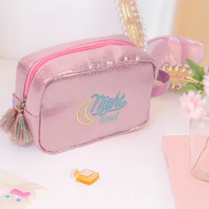 Rosa glitzernde Kosmetiktasche Reise-Make-up-Beutel mit Reißverschluss und Stickerei.
