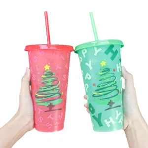 Weihnachten Farbwechsel Kunststoff Becher mit Strohhalm 24oz grosse Kapazitaet Trinkbecher