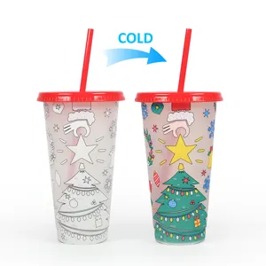 Christmas tree cold color changing plastic straw cup with lid, large capacity drinkware.