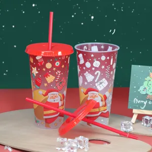 Christmas color changing plastic straw cup set, festive Santa Claus pattern cold drink cup.