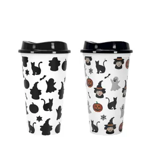 16oz Halloween theme plastic travel mug with black lid, reusable coffee cup for gifts.
