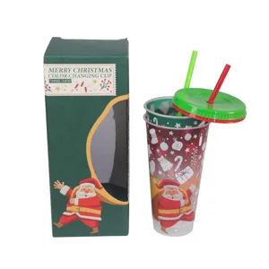 Christmas color changing plastic straw cup set 710ml 24oz with gift box packaging