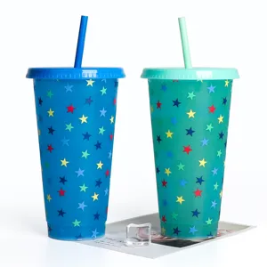 Cold color changing plastic straw cup with lid and reusable drinking straw for cold beverages.