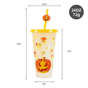 Halloween plastic color changing cup 24oz with straw and pumpkin topper for spooky party decor